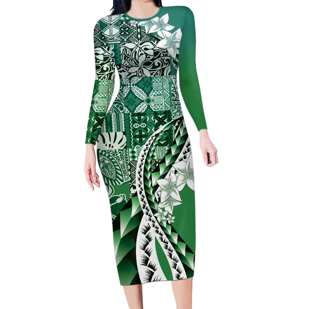 Aloha Vintage Plumeria Hawaiian Tapa Pattern Family Matching Long Sleeve Bodycon Dress and Hawaiian Shirt Green Hawaiian Tapa Pattern - Polynesian Pride
