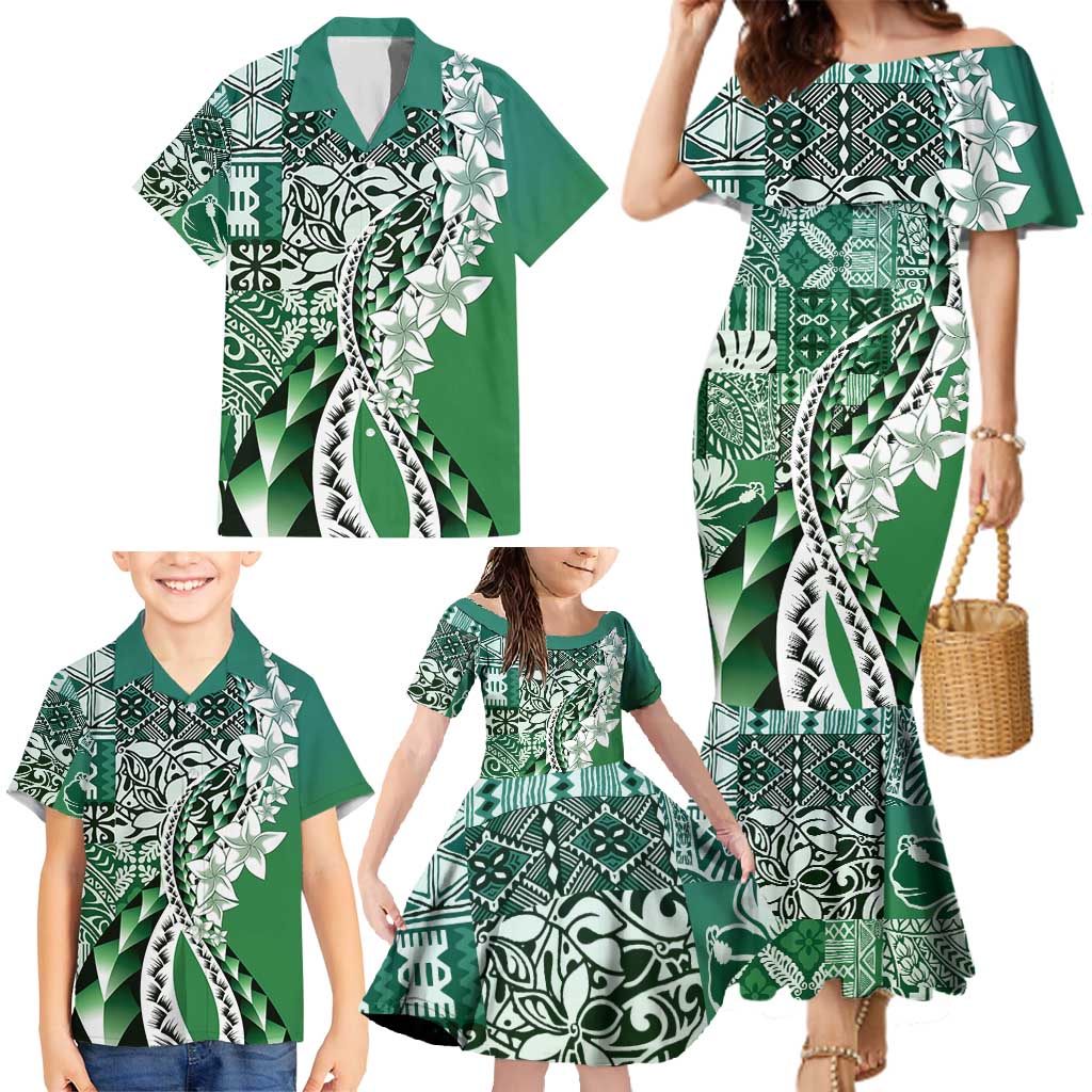 Aloha Vintage Plumeria Hawaiian Tapa Pattern Family Matching Mermaid Dress and Hawaiian Shirt Green Hawaiian Tapa Pattern - Polynesian Pride