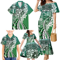 Aloha Vintage Plumeria Hawaiian Tapa Pattern Family Matching Mermaid Dress and Hawaiian Shirt Green Hawaiian Tapa Pattern - Polynesian Pride