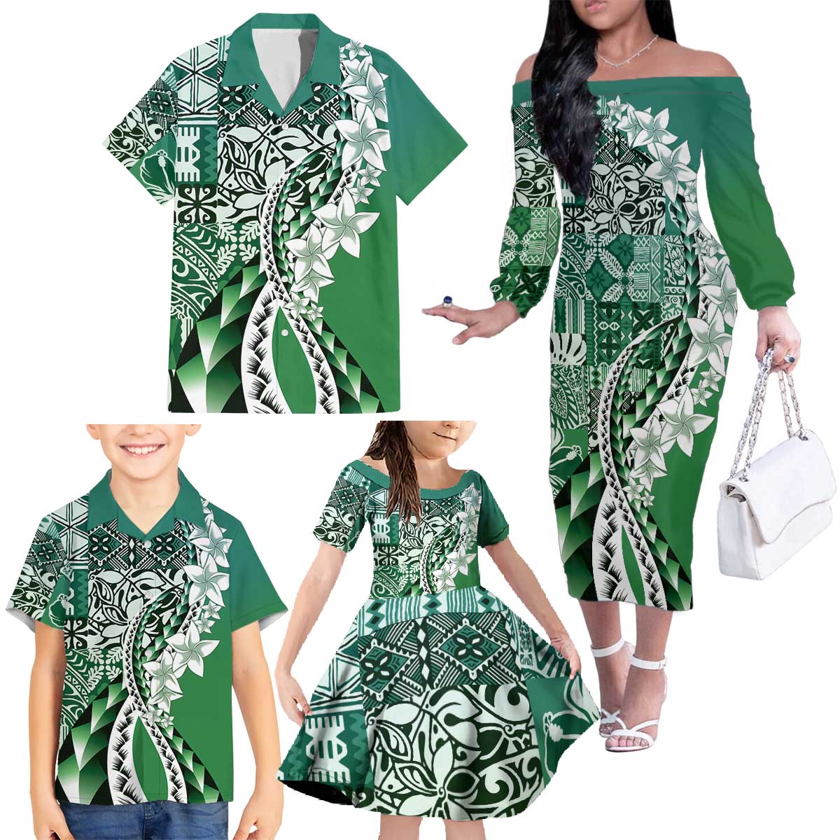 Aloha Vintage Plumeria Hawaiian Tapa Pattern Family Matching Off The Shoulder Long Sleeve Dress and Hawaiian Shirt Green Hawaiian Tapa Pattern - Polynesian Pride