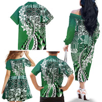 Aloha Vintage Plumeria Hawaiian Tapa Pattern Family Matching Off The Shoulder Long Sleeve Dress and Hawaiian Shirt Green Hawaiian Tapa Pattern - Polynesian Pride