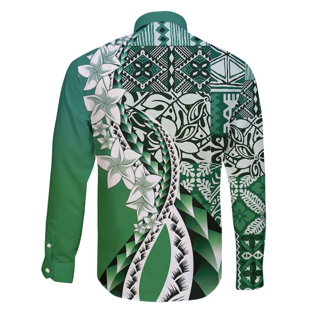 Aloha Vintage Plumeria Hawaiian Tapa Pattern Family Matching Off Shoulder Maxi Dress and Hawaiian Shirt Green Hawaiian Tapa Pattern - Polynesian Pride