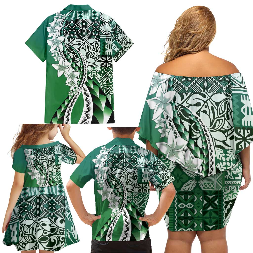 Aloha Vintage Plumeria Hawaiian Tapa Pattern Family Matching Off Shoulder Short Dress and Hawaiian Shirt Green Hawaiian Tapa Pattern - Polynesian Pride