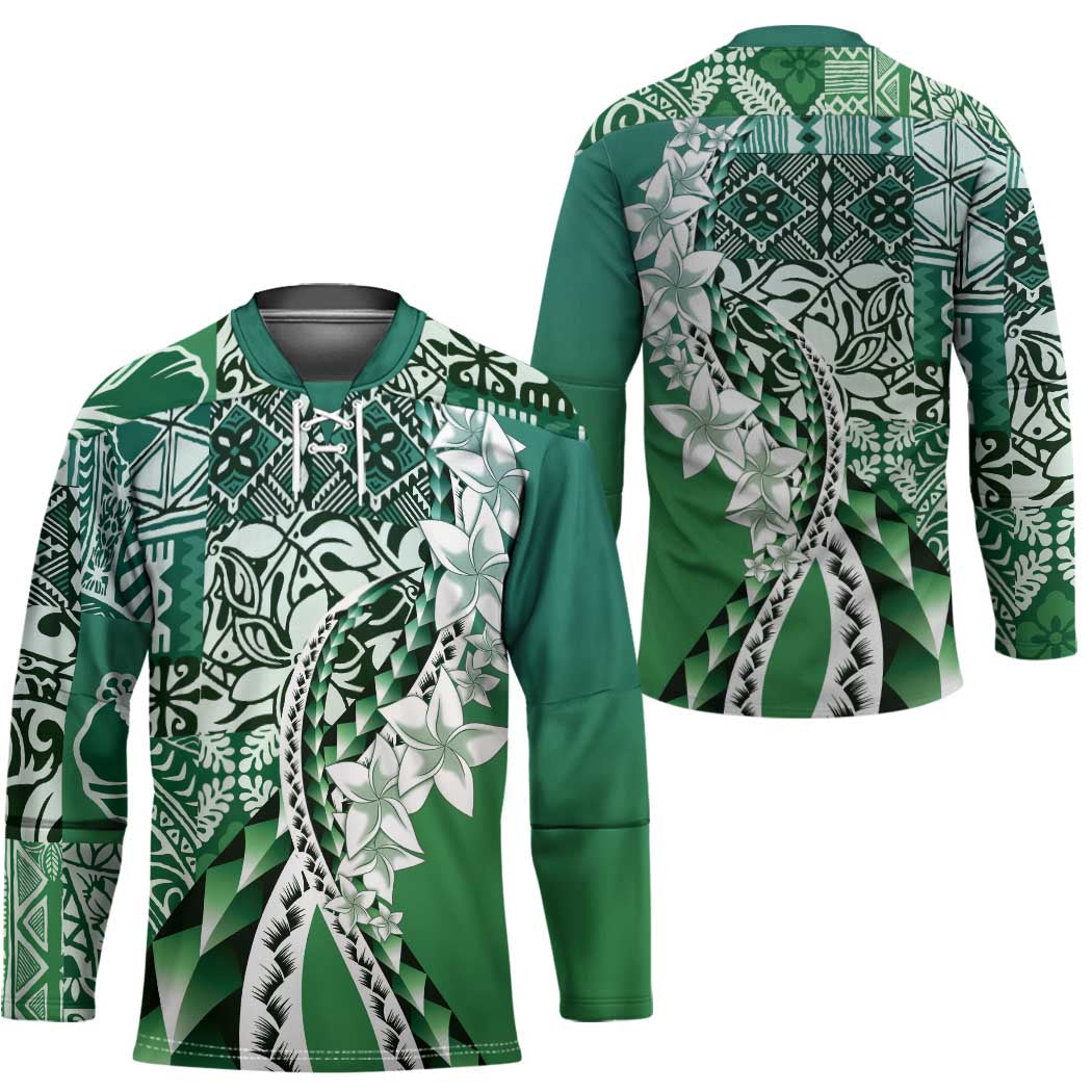 Aloha Vintage Plumeria Hawaiian Tapa Pattern Hockey Jersey Green Hawaiian Tapa Pattern - Polynesian Pride