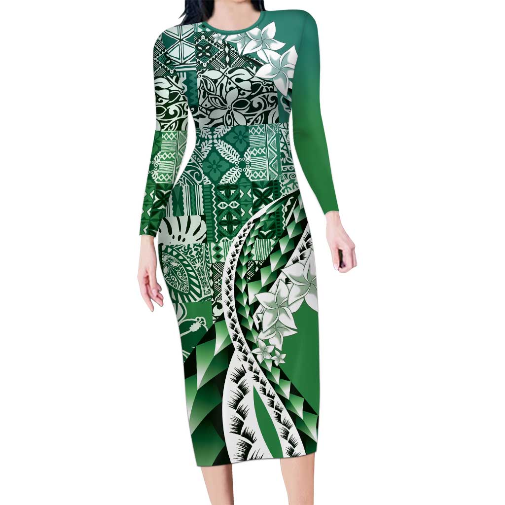 Aloha Vintage Plumeria Hawaiian Tapa Pattern Long Sleeve Bodycon Dress Green Hawaiian Tapa Pattern - Polynesian Pride