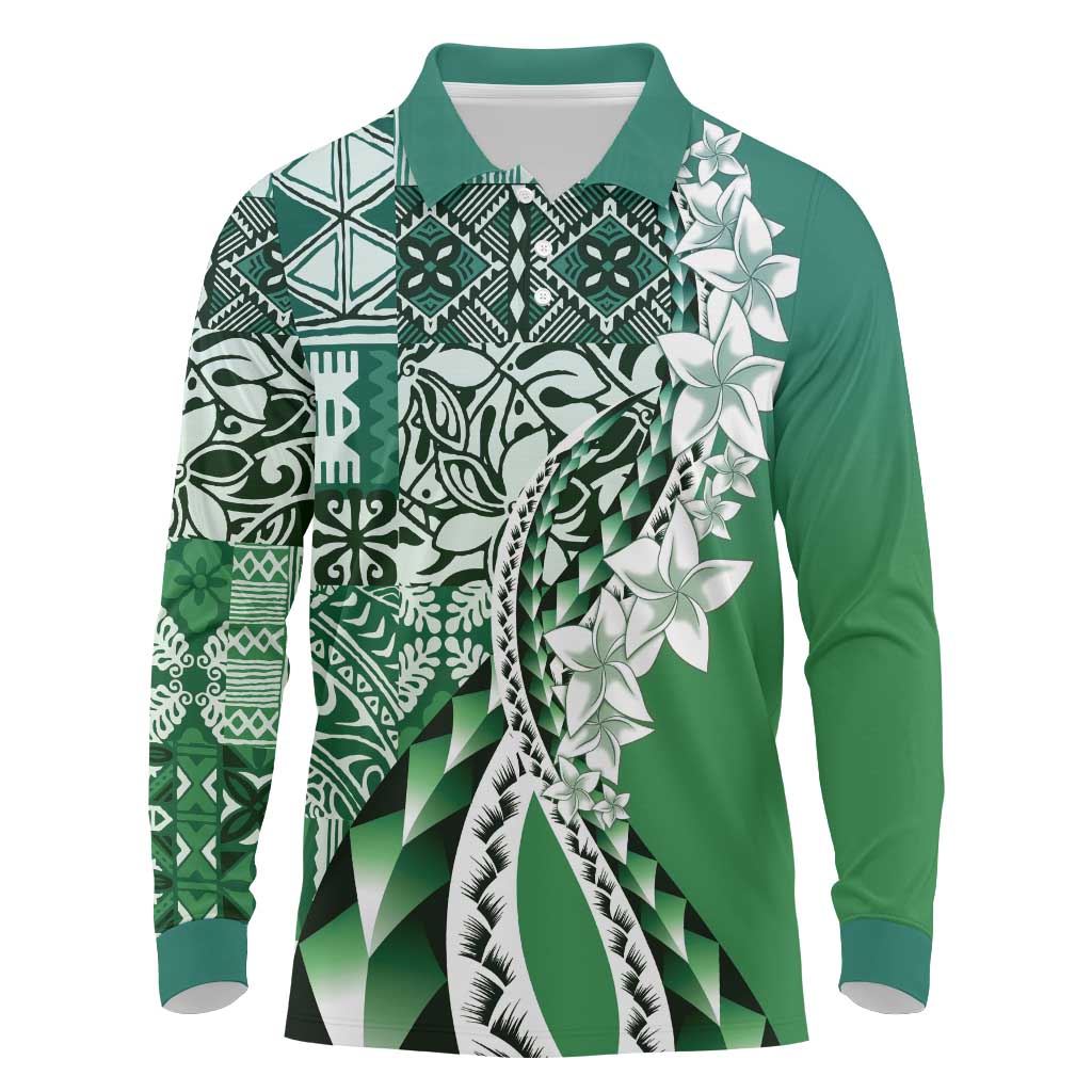 Aloha Vintage Plumeria Hawaiian Tapa Pattern Long Sleeve Polo Shirt Green Hawaiian Tapa Pattern - Polynesian Pride