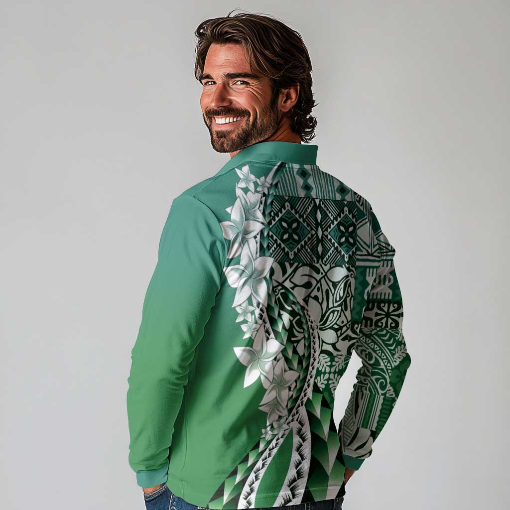 Aloha Vintage Plumeria Hawaiian Tapa Pattern Long Sleeve Polo Shirt Green Hawaiian Tapa Pattern - Polynesian Pride