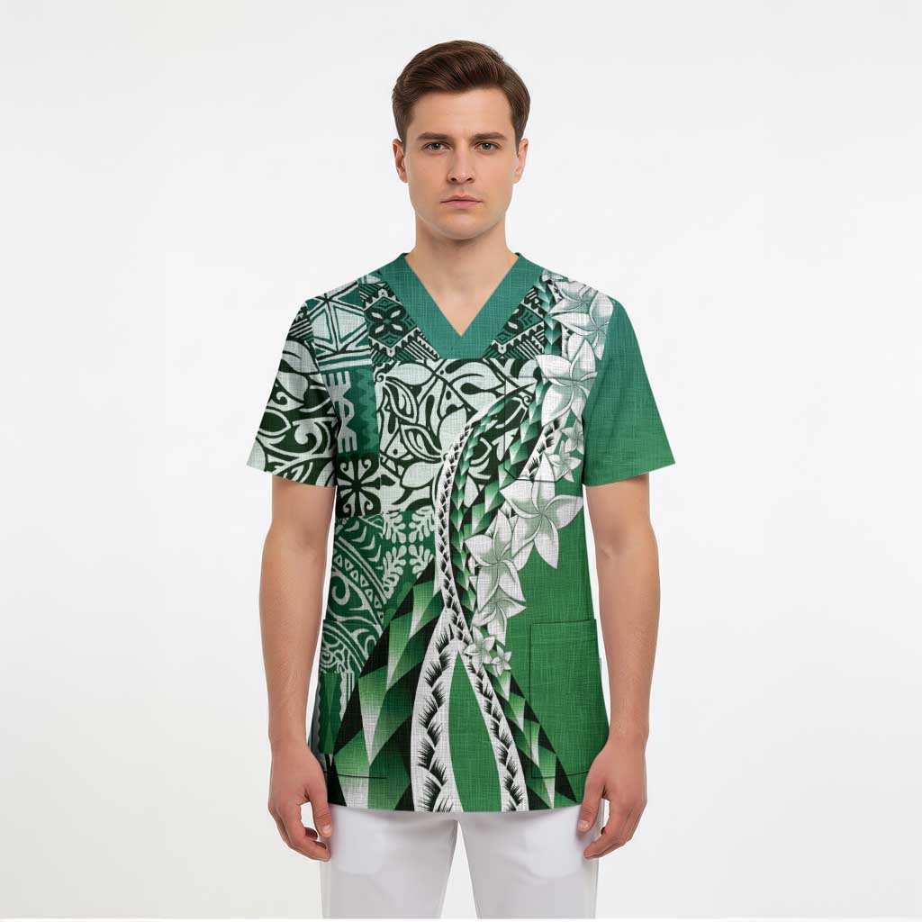 Aloha Vintage Plumeria Hawaiian Tapa Pattern Scrub Top Green Hawaiian Tapa Pattern - Polynesian Pride