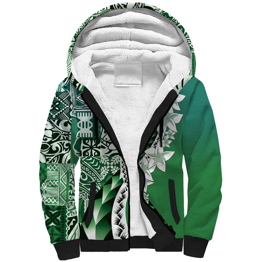 Aloha Vintage Plumeria Hawaiian Tapa Pattern Sherpa Hoodie Green Hawaiian Tapa Pattern - Polynesian Pride