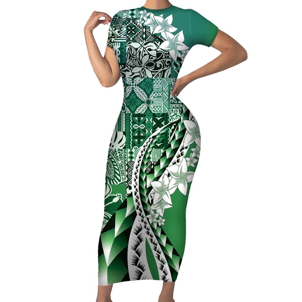 Aloha Vintage Plumeria Hawaiian Tapa Pattern Short Sleeve Bodycon Dress Green Hawaiian Tapa Pattern - Polynesian Pride