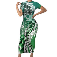 Aloha Vintage Plumeria Hawaiian Tapa Pattern Short Sleeve Bodycon Dress Green Hawaiian Tapa Pattern - Polynesian Pride