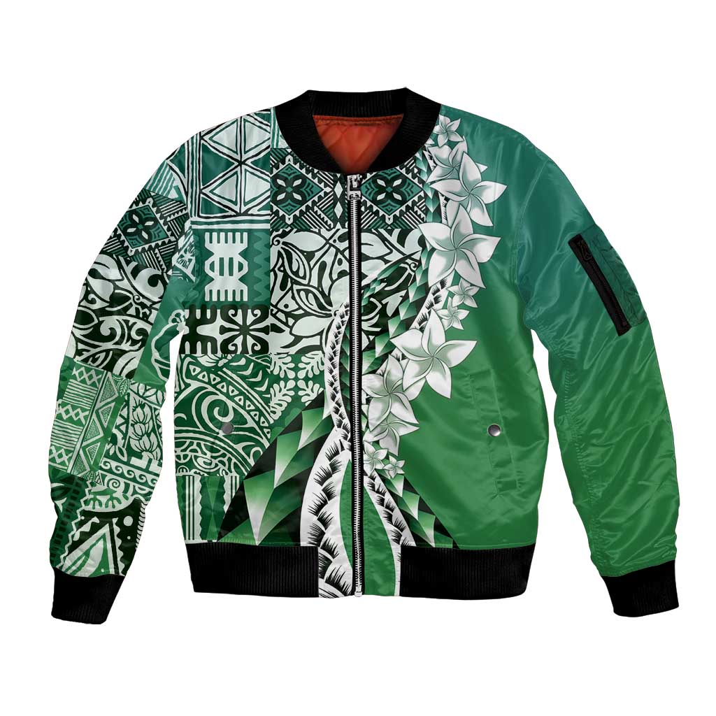 Aloha Vintage Plumeria Hawaiian Tapa Pattern Sleeve Zip Bomber Jacket Green Hawaiian Tapa Pattern - Polynesian Pride