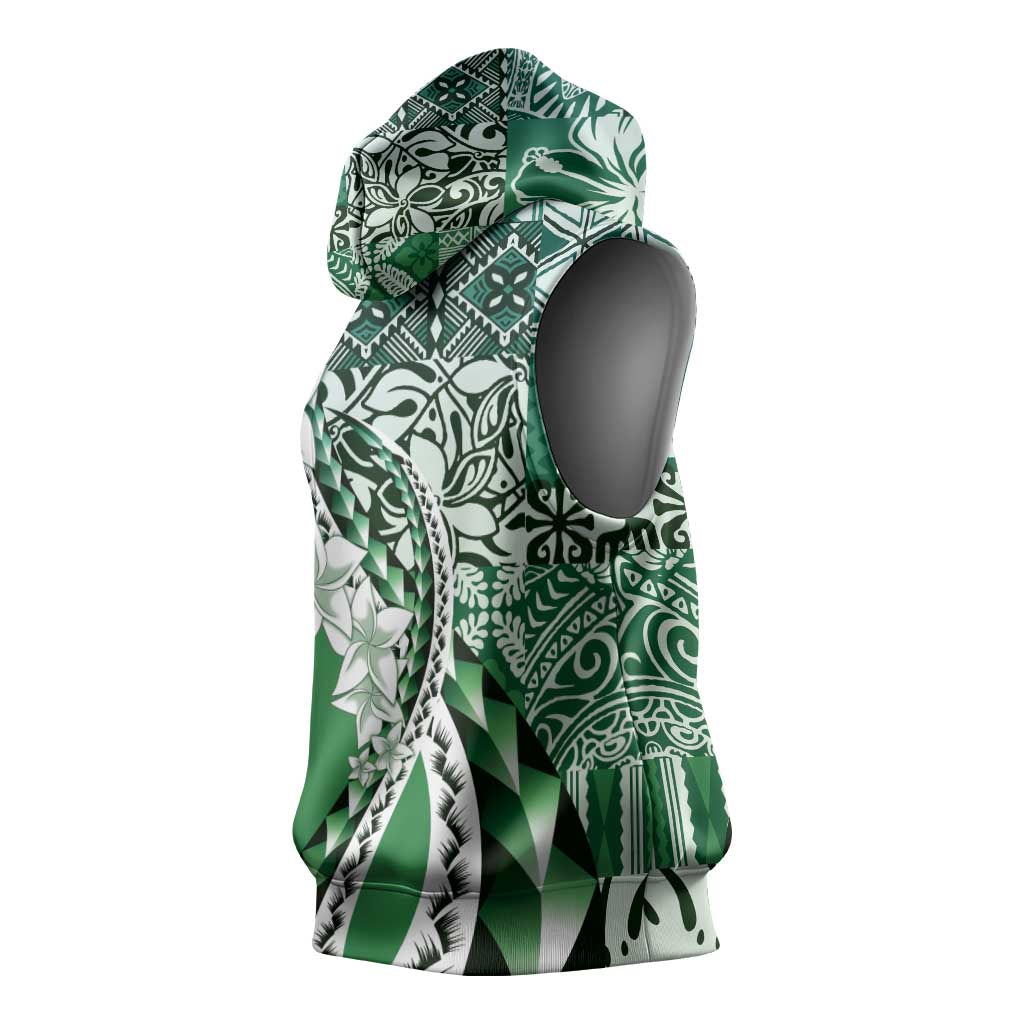 Aloha Vintage Plumeria Hawaiian Tapa Pattern Sleeveless Hoodie Green Hawaiian Tapa Pattern - Polynesian Pride