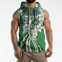 Aloha Vintage Plumeria Hawaiian Tapa Pattern Sleeveless Hoodie Green Hawaiian Tapa Pattern - Polynesian Pride
