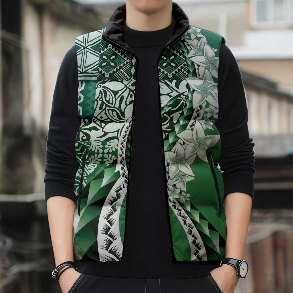 Aloha Vintage Plumeria Hawaiian Tapa Pattern Sleeveless Puffer Jacket Green Hawaiian Tapa Pattern - Polynesian Pride
