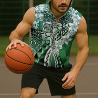 Aloha Vintage Plumeria Hawaiian Tapa Pattern Sleeveless Zip Hoodie Green Hawaiian Tapa Pattern - Polynesian Pride