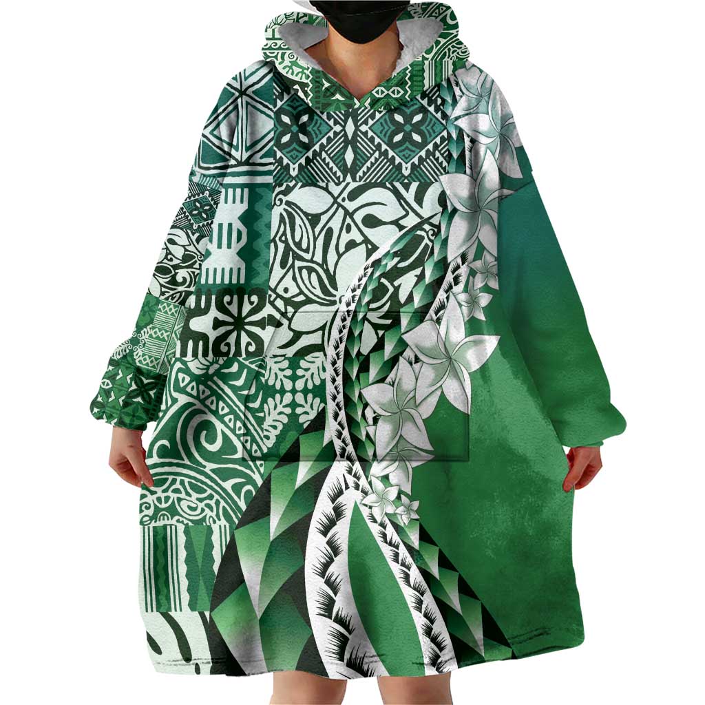 Aloha Vintage Plumeria Hawaiian Tapa Pattern Wearable Blanket Hoodie Green Hawaiian Tapa Pattern - Polynesian Pride