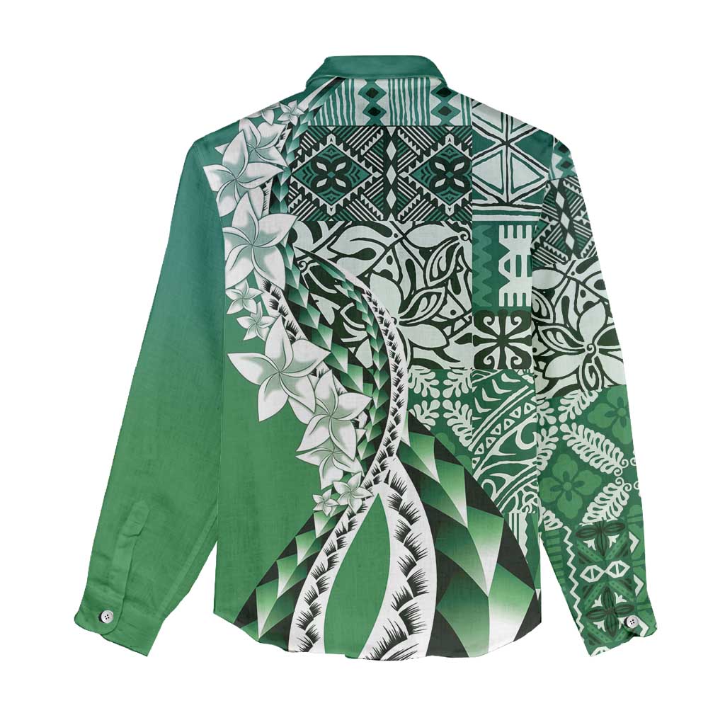 Aloha Vintage Plumeria Hawaiian Tapa Pattern Women Casual Shirt Green Hawaiian Tapa Pattern - Polynesian Pride