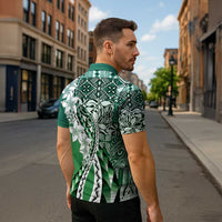Aloha Vintage Plumeria Hawaiian Tapa Pattern Zipper Polo Shirt Green Hawaiian Tapa Pattern - Polynesian Pride