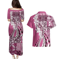 Aloha Vintage Plumeria Hawaiian Tapa Pattern Couples Matching Puletasi and Hawaiian Shirt Pink Hawaiian Tapa Pattern - Polynesian Pride