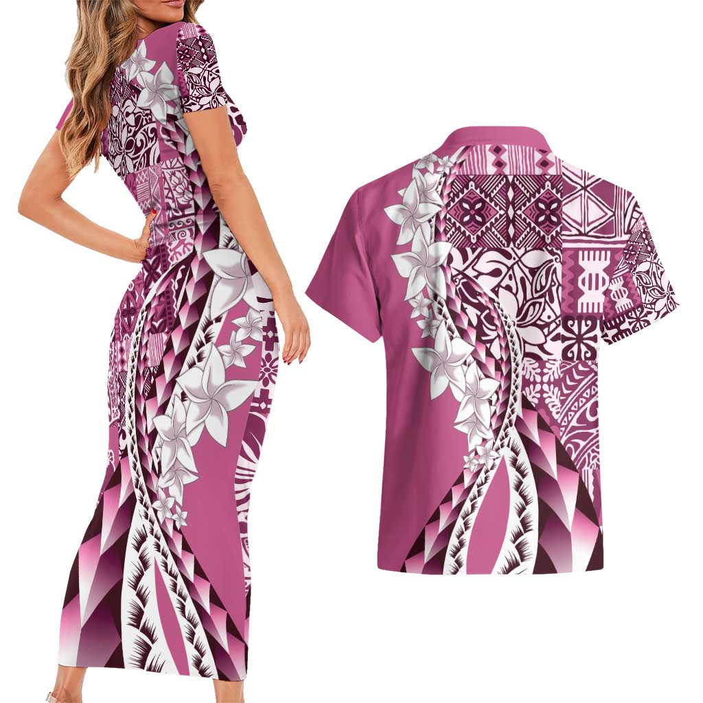 Aloha Vintage Plumeria Hawaiian Tapa Pattern Couples Matching Short Sleeve Bodycon Dress and Hawaiian Shirt Pink Hawaiian Tapa Pattern - Polynesian Pride