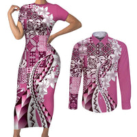 Aloha Vintage Plumeria Hawaiian Tapa Pattern Couples Matching Short Sleeve Bodycon Dress and Long Sleeve Button Shirt Pink Hawaiian Tapa Pattern - Polynesian Pride