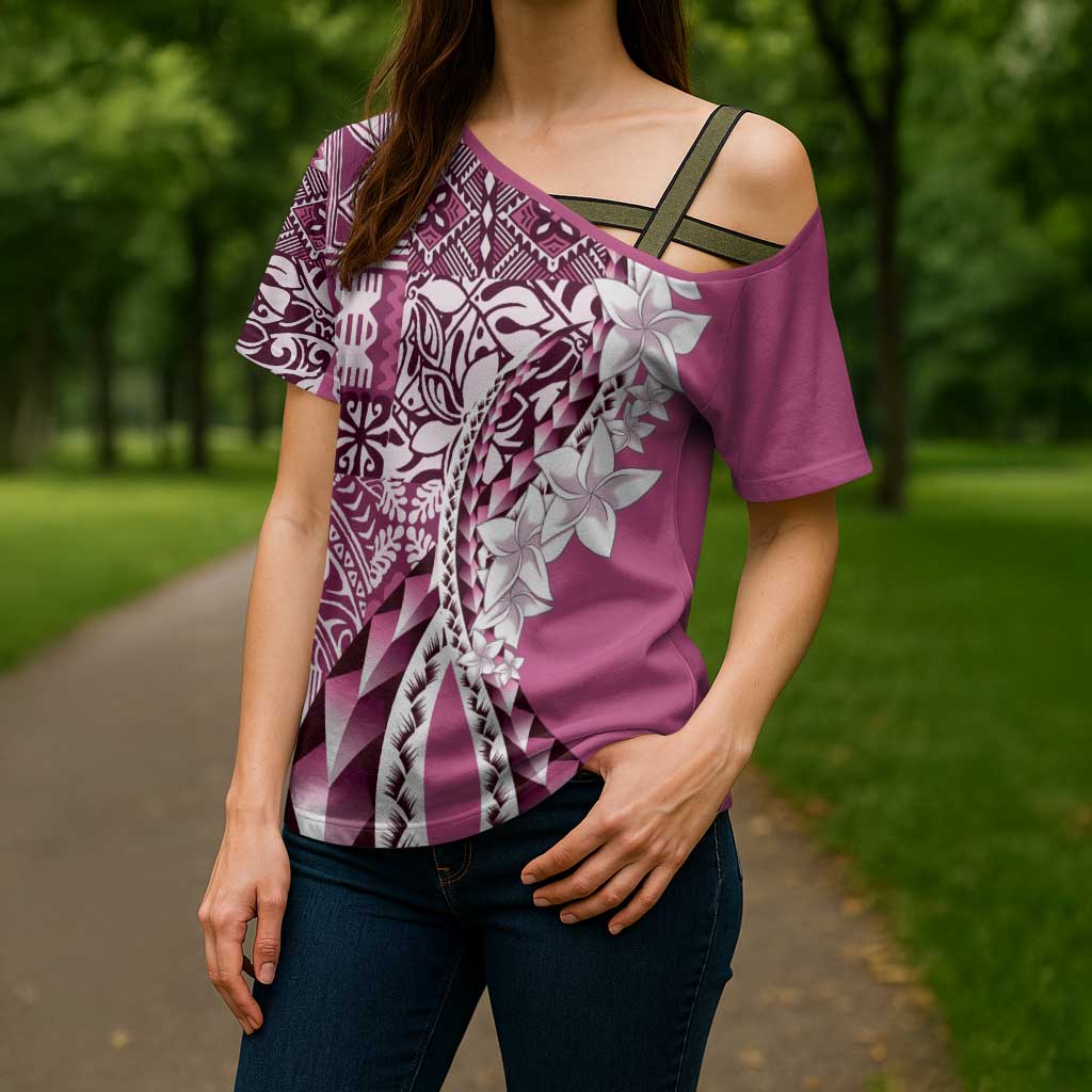Aloha Vintage Plumeria Hawaiian Tapa Pattern Cross Shoulder Shirt Pink Hawaiian Tapa Pattern - Polynesian Pride
