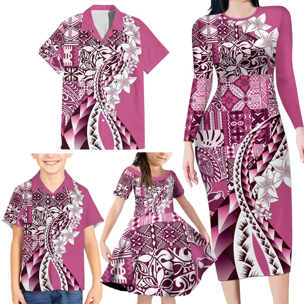 Aloha Vintage Plumeria Hawaiian Tapa Pattern Family Matching Long Sleeve Bodycon Dress and Hawaiian Shirt Pink Hawaiian Tapa Pattern - Polynesian Pride