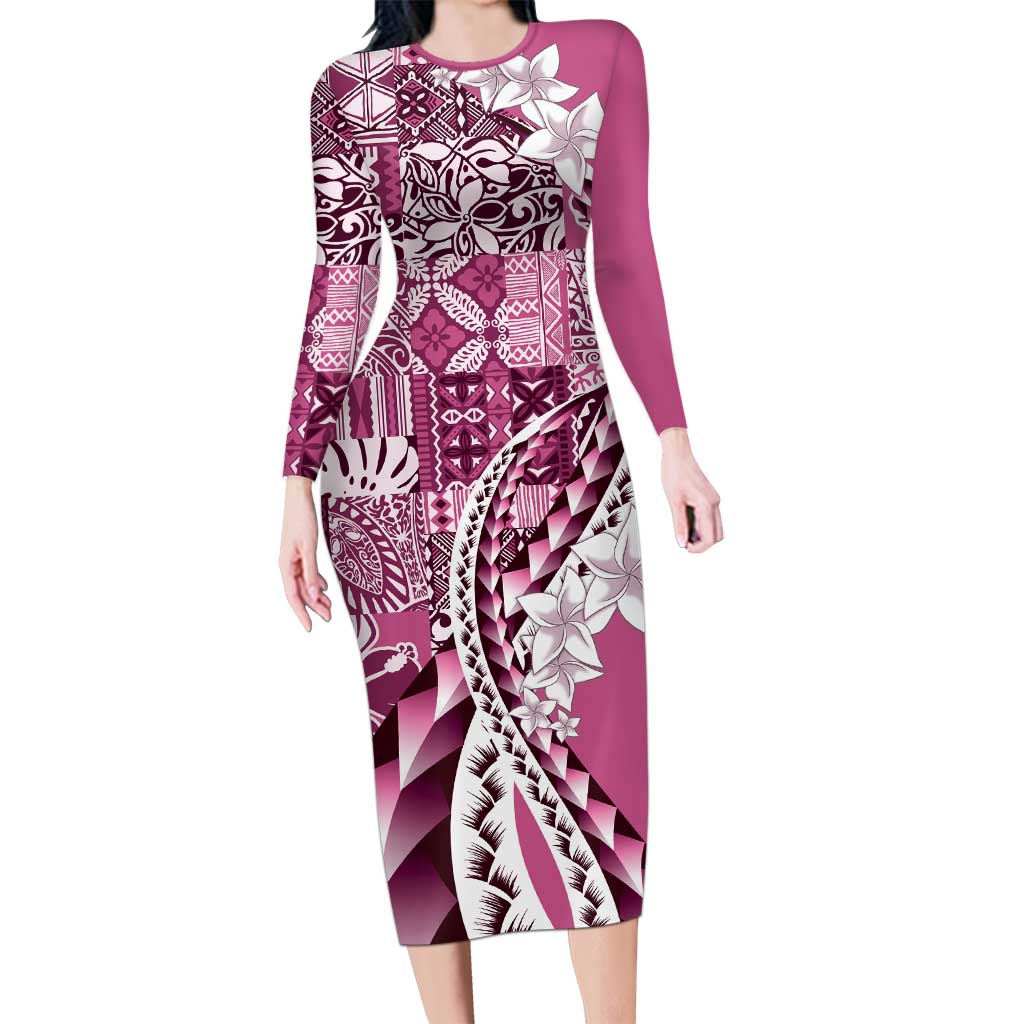 Aloha Vintage Plumeria Hawaiian Tapa Pattern Family Matching Long Sleeve Bodycon Dress and Hawaiian Shirt Pink Hawaiian Tapa Pattern - Polynesian Pride