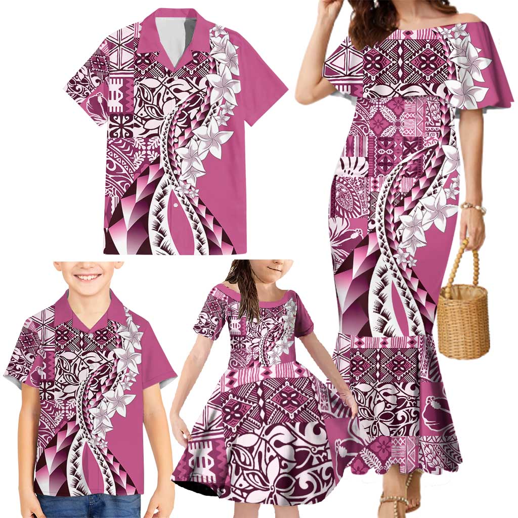 Aloha Vintage Plumeria Hawaiian Tapa Pattern Family Matching Mermaid Dress and Hawaiian Shirt Pink Hawaiian Tapa Pattern - Polynesian Pride