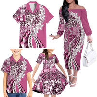 Aloha Vintage Plumeria Hawaiian Tapa Pattern Family Matching Off The Shoulder Long Sleeve Dress and Hawaiian Shirt Pink Hawaiian Tapa Pattern - Polynesian Pride