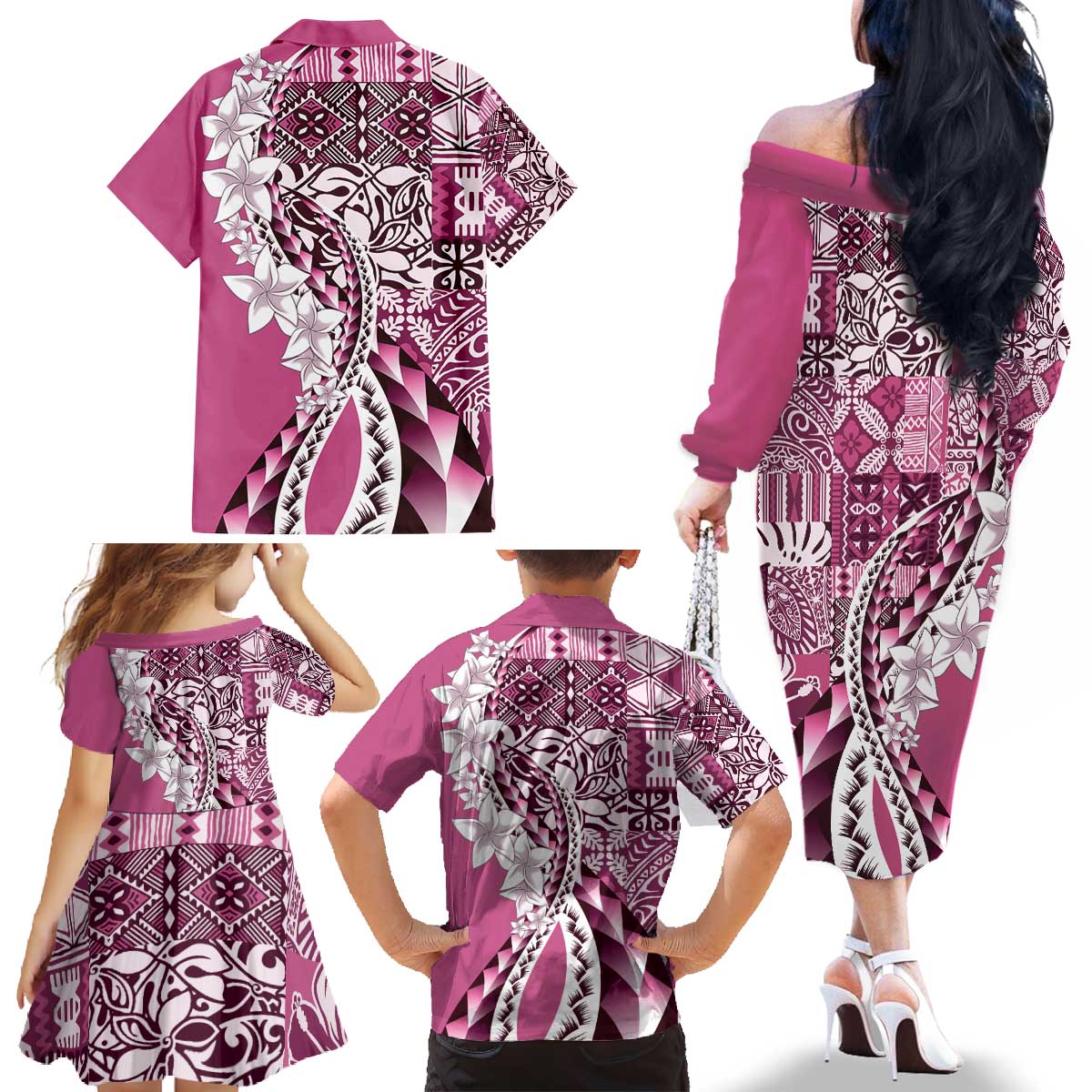 Aloha Vintage Plumeria Hawaiian Tapa Pattern Family Matching Off The Shoulder Long Sleeve Dress and Hawaiian Shirt Pink Hawaiian Tapa Pattern - Polynesian Pride