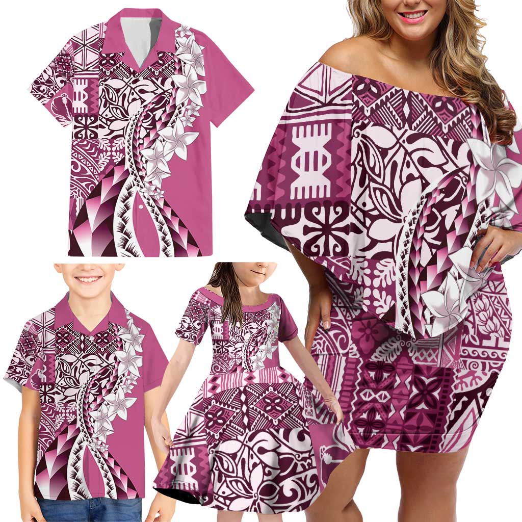 Aloha Vintage Plumeria Hawaiian Tapa Pattern Family Matching Off Shoulder Short Dress and Hawaiian Shirt Pink Hawaiian Tapa Pattern - Polynesian Pride
