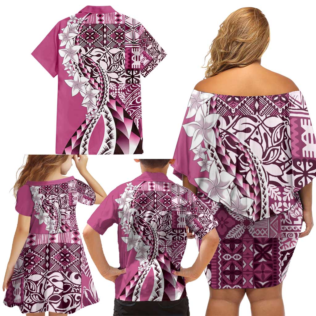 Aloha Vintage Plumeria Hawaiian Tapa Pattern Family Matching Off Shoulder Short Dress and Hawaiian Shirt Pink Hawaiian Tapa Pattern - Polynesian Pride