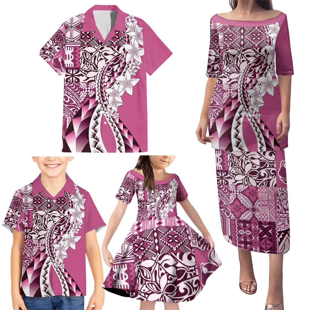 Aloha Vintage Plumeria Hawaiian Tapa Pattern Family Matching Puletasi and Hawaiian Shirt Pink Hawaiian Tapa Pattern - Polynesian Pride