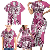 Aloha Vintage Plumeria Hawaiian Tapa Pattern Family Matching Short Sleeve Bodycon Dress and Hawaiian Shirt Pink Hawaiian Tapa Pattern - Polynesian Pride