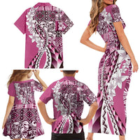 Aloha Vintage Plumeria Hawaiian Tapa Pattern Family Matching Short Sleeve Bodycon Dress and Hawaiian Shirt Pink Hawaiian Tapa Pattern - Polynesian Pride