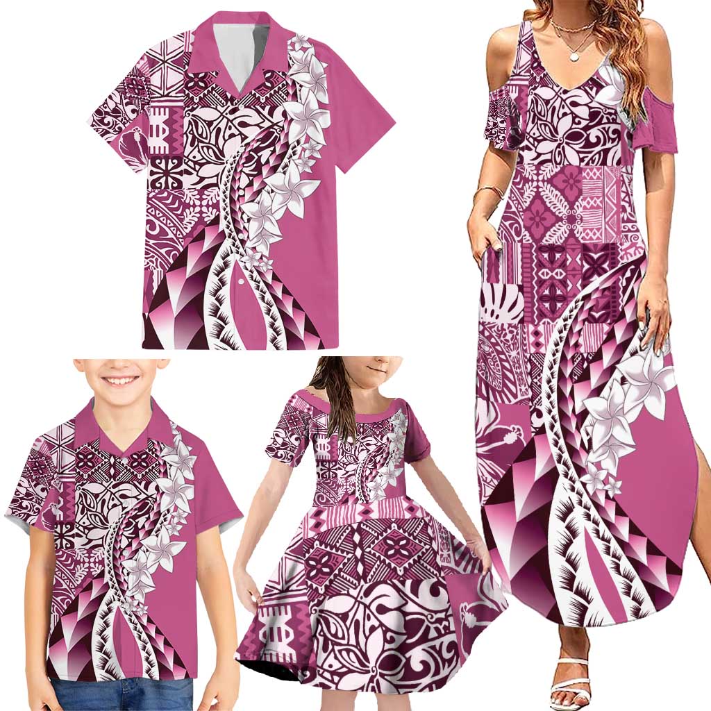 Aloha Vintage Plumeria Hawaiian Tapa Pattern Family Matching Summer Maxi Dress and Hawaiian Shirt Pink Hawaiian Tapa Pattern - Polynesian Pride