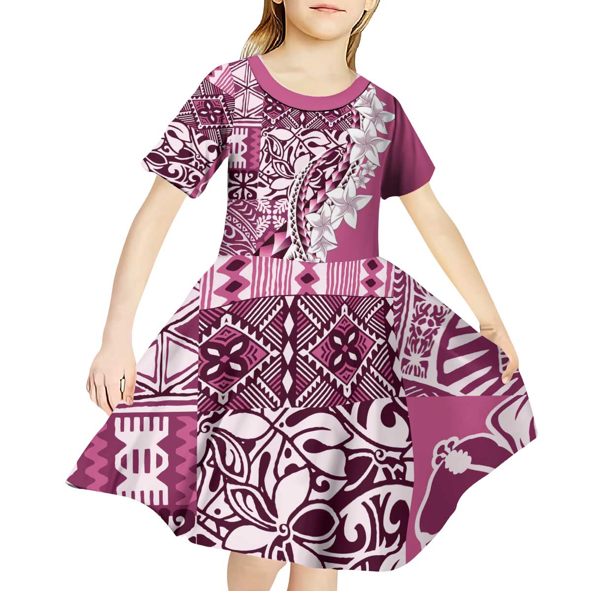 Aloha Vintage Plumeria Hawaiian Tapa Pattern Kid Short Sleeve Dress Pink Hawaiian Tapa Pattern - Polynesian Pride