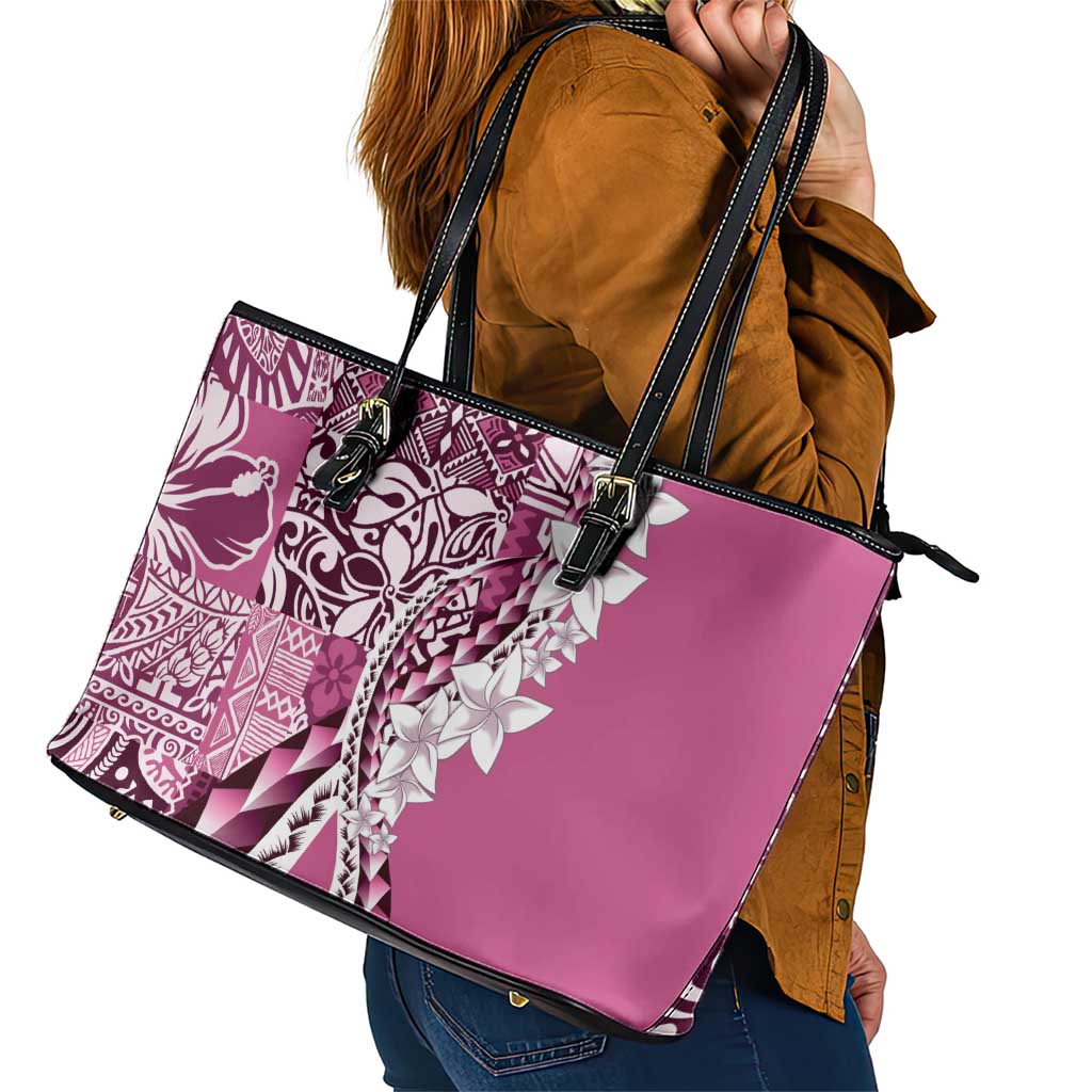 Aloha Vintage Plumeria Hawaiian Tapa Pattern Leather Tote Bag Pink Hawaiian Tapa Pattern - Polynesian Pride