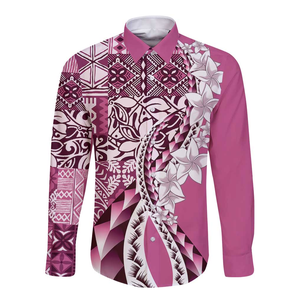 Aloha Vintage Plumeria Hawaiian Tapa Pattern Long Sleeve Button Shirt Pink Hawaiian Tapa Pattern - Polynesian Pride