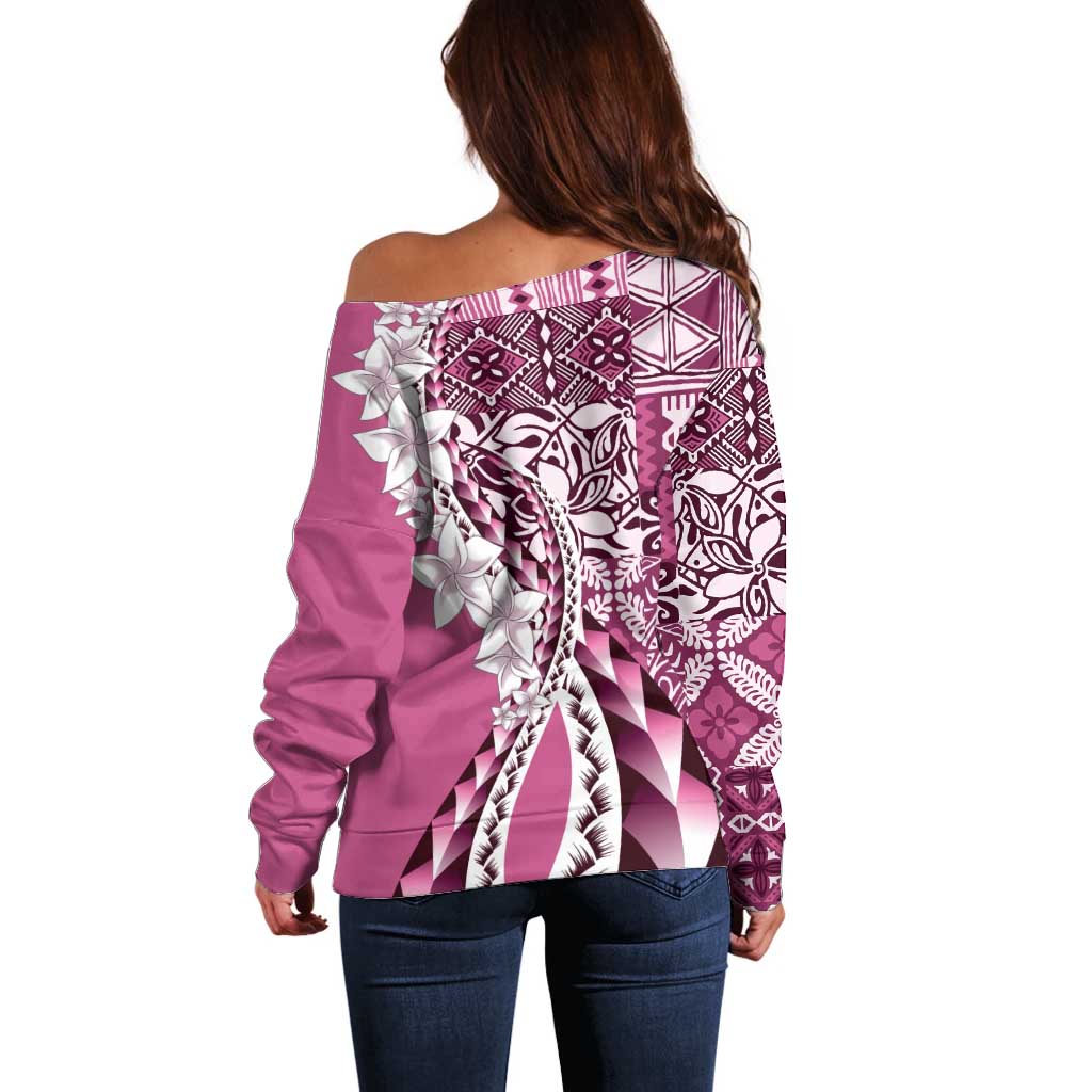 Aloha Vintage Plumeria Hawaiian Tapa Pattern Off Shoulder Sweater Pink Hawaiian Tapa Pattern - Polynesian Pride
