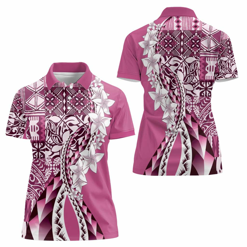 Aloha Vintage Plumeria Hawaiian Tapa Pattern Women Polo Shirt Pink Hawaiian Tapa Pattern - Polynesian Pride