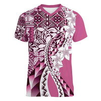 Aloha Vintage Plumeria Hawaiian Tapa Pattern Women V-Neck T-Shirt Pink Hawaiian Tapa Pattern - Polynesian Pride