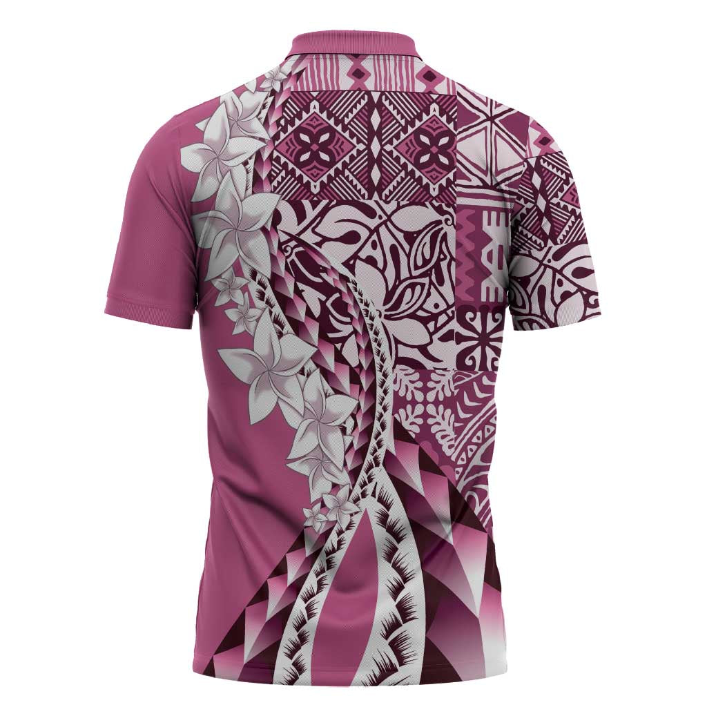 Aloha Vintage Plumeria Hawaiian Tapa Pattern Zipper Polo Shirt Pink Hawaiian Tapa Pattern - Polynesian Pride