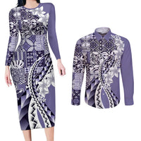 Aloha Vintage Plumeria Hawaiian Tapa Pattern Couples Matching Long Sleeve Bodycon Dress and Long Sleeve Button Shirt Purple Hawaiian Tapa Pattern - Polynesian Pride