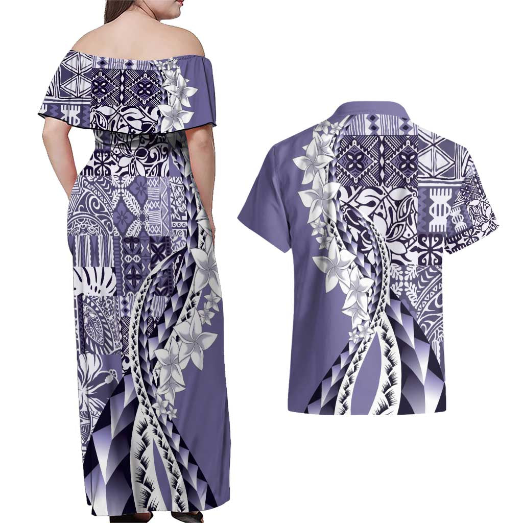 Aloha Vintage Plumeria Hawaiian Tapa Pattern Couples Matching Off Shoulder Maxi Dress and Hawaiian Shirt Purple Hawaiian Tapa Pattern - Polynesian Pride