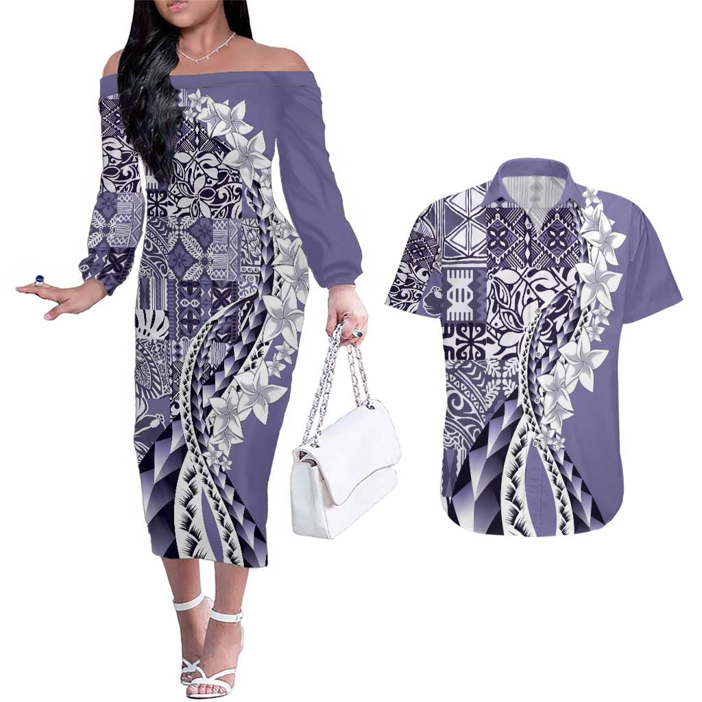 Aloha Vintage Plumeria Hawaiian Tapa Pattern Couples Matching Off The Shoulder Long Sleeve Dress and Hawaiian Shirt Purple Hawaiian Tapa Pattern - Polynesian Pride