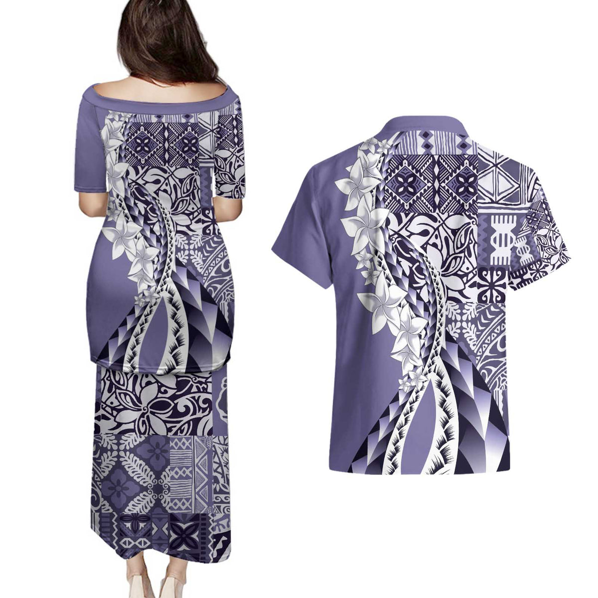 Aloha Vintage Plumeria Hawaiian Tapa Pattern Couples Matching Puletasi and Hawaiian Shirt Purple Hawaiian Tapa Pattern - Polynesian Pride