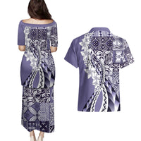 Aloha Vintage Plumeria Hawaiian Tapa Pattern Couples Matching Puletasi and Hawaiian Shirt Purple Hawaiian Tapa Pattern - Polynesian Pride